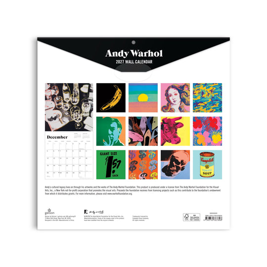The back cover of the Andy Warhol 12 x 12 Wall Calendar 2027 by Andy Warhol Foundation For The Visual Arts features the December page and 13 bright thumbnails of Warhol’s pop art, including Campbell’s Soup, Marilyn Monroe, and bananas.
