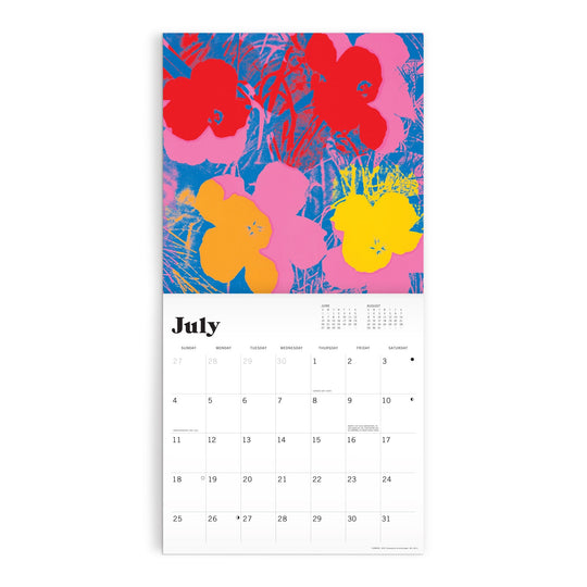 The Andy Warhol Foundation For The Visual Arts 12 x 12 Wall Calendar 2027 features a July page with vibrant red, pink, yellow, and orange flowers on a blue and purple background above the date grid.