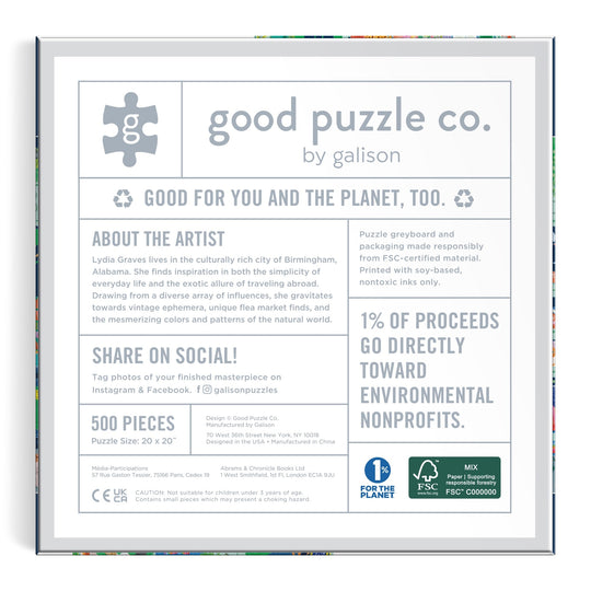 A card with the Good Puzzle Co. Bookshop Cats 500pc Puzzle by Lee Foster-Wilson shares artist info, sustainability details for this eco-friendly puzzle, social media links, and notes that 1% of proceeds support environmental nonprofits.