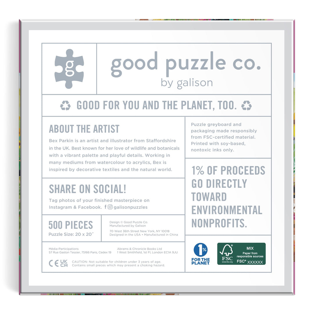 The Good Puzzle Co. Countryside Harvest 500pc Puzzle by Bex Parkin comes in a square box with artist info, nontoxic inks, recycled materials, social sharing invite, and notes that 1% of proceeds support environmental nonprofits.
