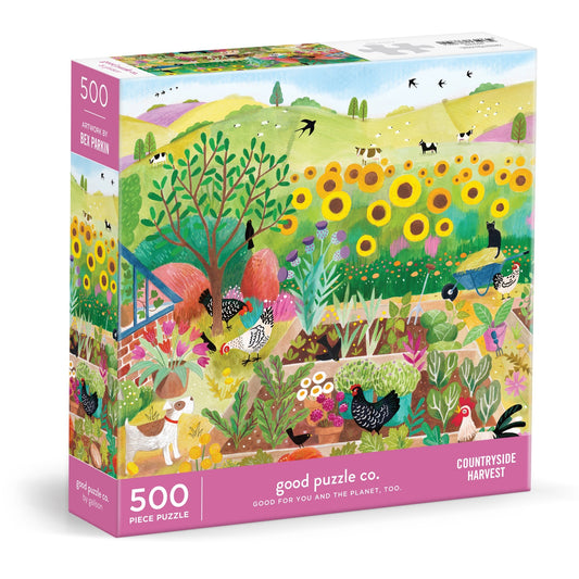 The Good Puzzle Co. Countryside Harvest 500pc Puzzle features a vibrant harvest scene with sunflowers, trees, birds, and chickens. Made from recycled materials with nontoxic inks and artwork by Bex Parkin.