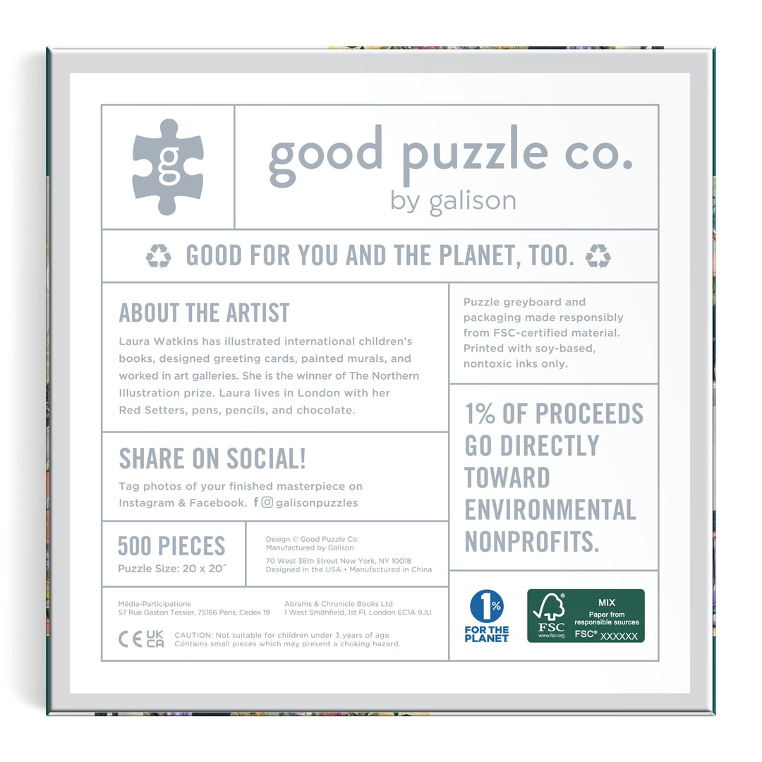 Good Puzzle Co. Gardeners Nook 500pc Puzzle by Bex Parkin comes in square, recycled packaging featuring artist info, social media details, sustainability notes, and states that 1% of proceeds support environmental nonprofits.