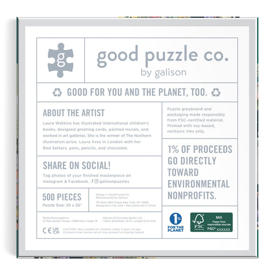 Good Puzzle Co. Gardeners Nook 500pc Puzzle by Bex Parkin comes in square, recycled packaging featuring artist info, social media details, sustainability notes, and states that 1% of proceeds support environmental nonprofits.