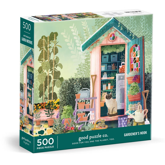 The Good Puzzle Co. Gardeners Nook 500pc Puzzle by Bex Parkin features a vibrant garden shed scene with tools, plants, a cat, and lush flowers—perfect for nature lovers and made from recycled materials.