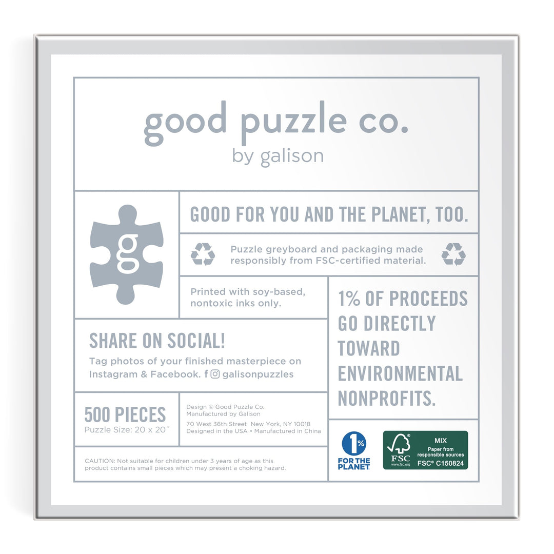 The Good Puzzle Co. Spooky Treats 500pc Puzzle by Laura Watkins features recycled materials, supports environmental nonprofits with 1% of proceeds, and invites you to share spooky treats puzzle photos on social media.