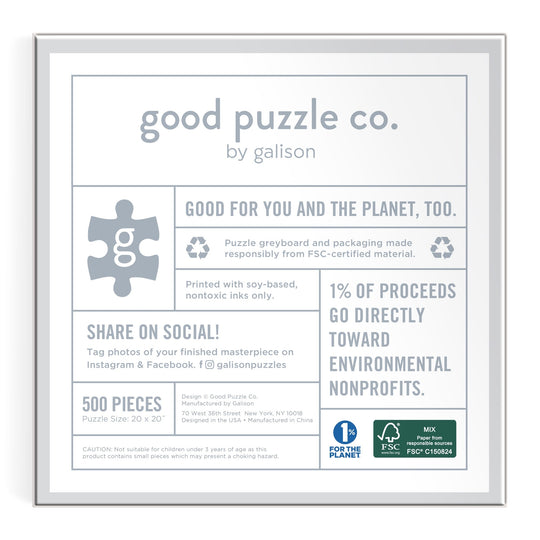 The Good Puzzle Co. Spooky Treats 500pc Puzzle by Laura Watkins features recycled materials, supports environmental nonprofits with 1% of proceeds, and invites you to share spooky treats puzzle photos on social media.