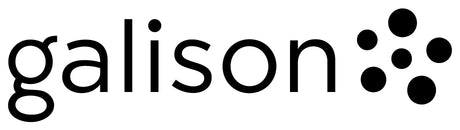 The word galison in lowercase black letters, followed by a design of five black dots arranged in an arc pattern on a white background.