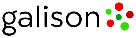 The image shows the word galison in black lowercase letters, followed by a cluster of five dots—three red and two green—arranged in a pattern on a white background.