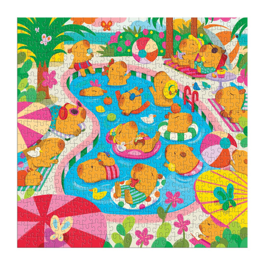 Enjoy the Capybara Pool Day 500 Piece Family Puzzle by Valerie Nelson, featuring playful capybaras relaxing by a colorful tropical pool—perfect family fun for puzzle lovers.