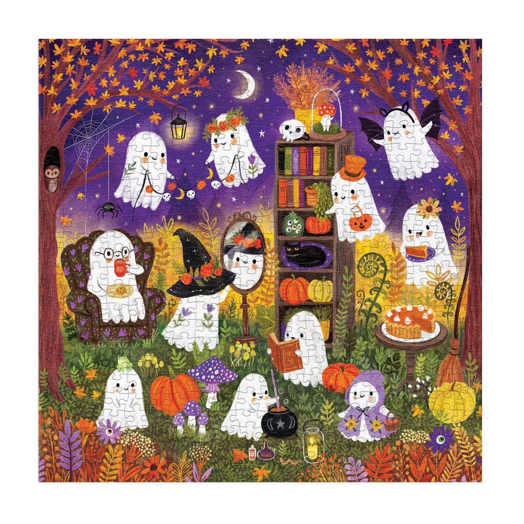 The Ghostly Gathering 500 Piece Puzzle by Jenny Miriam features a colorful scene of cute ghosts celebrating outdoors at night with pumpkins, autumn leaves, and treats under a starry sky—perfect Halloween fun for the whole family.