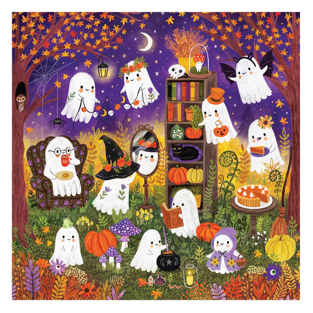The Jenny Miriam Ghostly Gathering 500 Piece Puzzle features adorable ghosts in costumes at a cozy outdoor party, surrounded by pumpkins, books, snacks, and fall trees under a starry night—perfect for family fun.