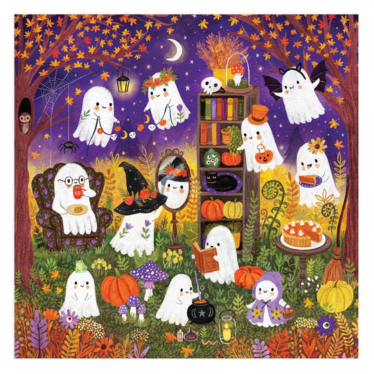 The Jenny Miriam Ghostly Gathering 500 Piece Puzzle features adorable ghosts in costumes at a cozy outdoor party, surrounded by pumpkins, books, snacks, and fall trees under a starry night—perfect for family fun.