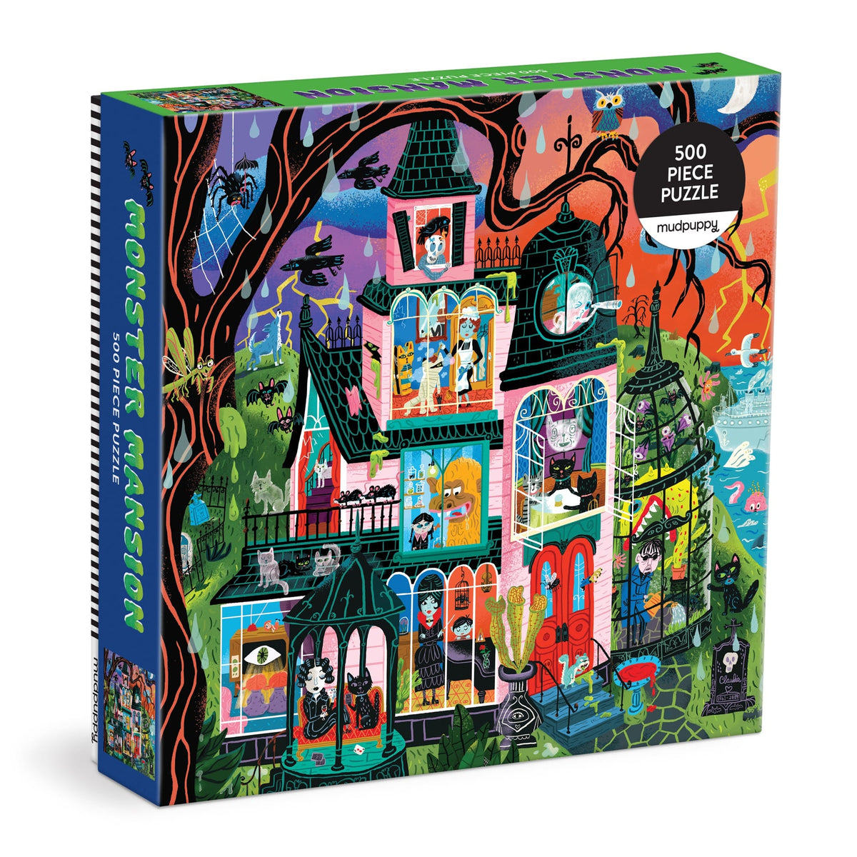 The Stephanie Birdsong Monster Mansion 500 Piece Puzzle comes in a colorful box showcasing a spooky, cartoon-style mansion filled with quirky monsters and Halloween-themed details. This family-friendly puzzle is perfect for those seeking a fun and festive Halloween activity to enjoy together.