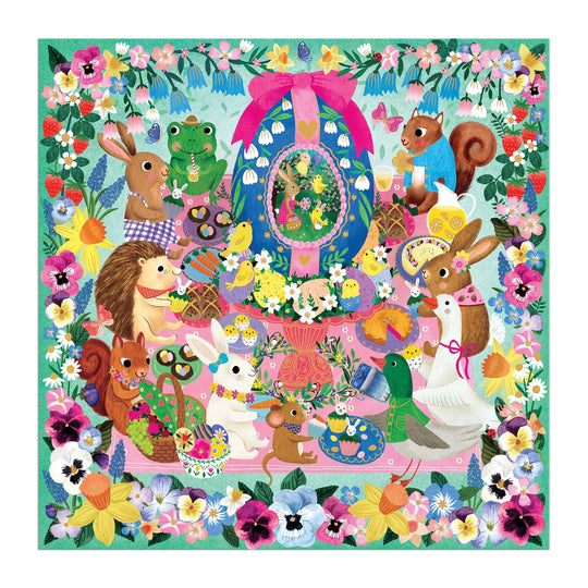 Enjoy Rebecca Jones' Egg-cellent Day 500 Piece Foil Family Puzzle, featuring woodland animals like rabbits, squirrels, a hedgehog, frog, duck, and birds around a large decorated egg—perfect Easter fun for the whole family.