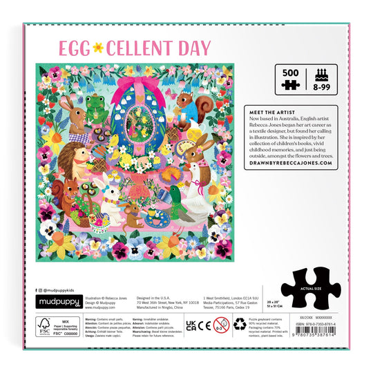 The Egg-cellent Day 500 Piece Foil Family Puzzle by Rebecca Jones features vibrant woodland animals with eggs and flowers, shiny foil accents, and includes an artist bio. Perfect for ages 8-99 and ideal for family fun!.