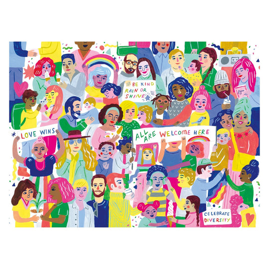 The Sarah Walsh All Are Welcome Here! 1000 Piece Family Puzzle features a vibrant scene of diverse people smiling and holding “Love Wins” signs, with a rainbow backdrop—celebrating unity and diversity for joyful family fun.