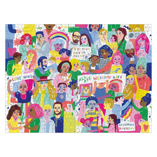 The All Are Welcome Here! 1000 Piece Family Puzzle by Sarah Walsh features a colorful illustration of diverse people with signs like Love Wins, surrounded by rainbows and hearts, celebrating inclusion and community.