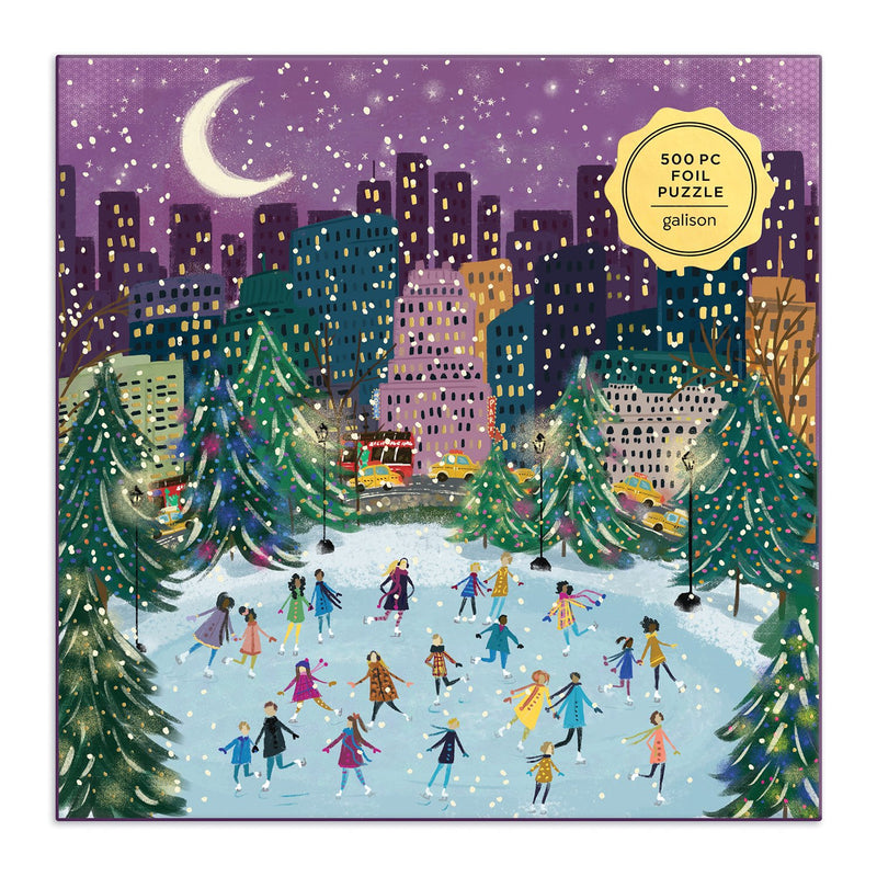 Merry Moonlight Skaters 500 Piece Foil Jigsaw Puzzle holiday 500 Piece Puzzles Galison 