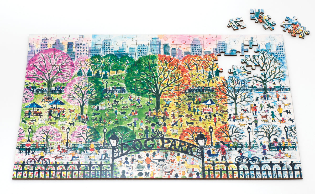 Michael Storrings Dog Park in Four Seasons 250 Piece Wood Puzzle Galison 